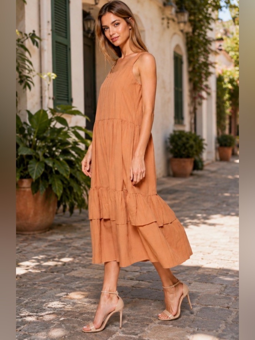 ⭐️Monique Rust/Orange Sleeveless Double Ruffle Dress - Picture 3 of 5
